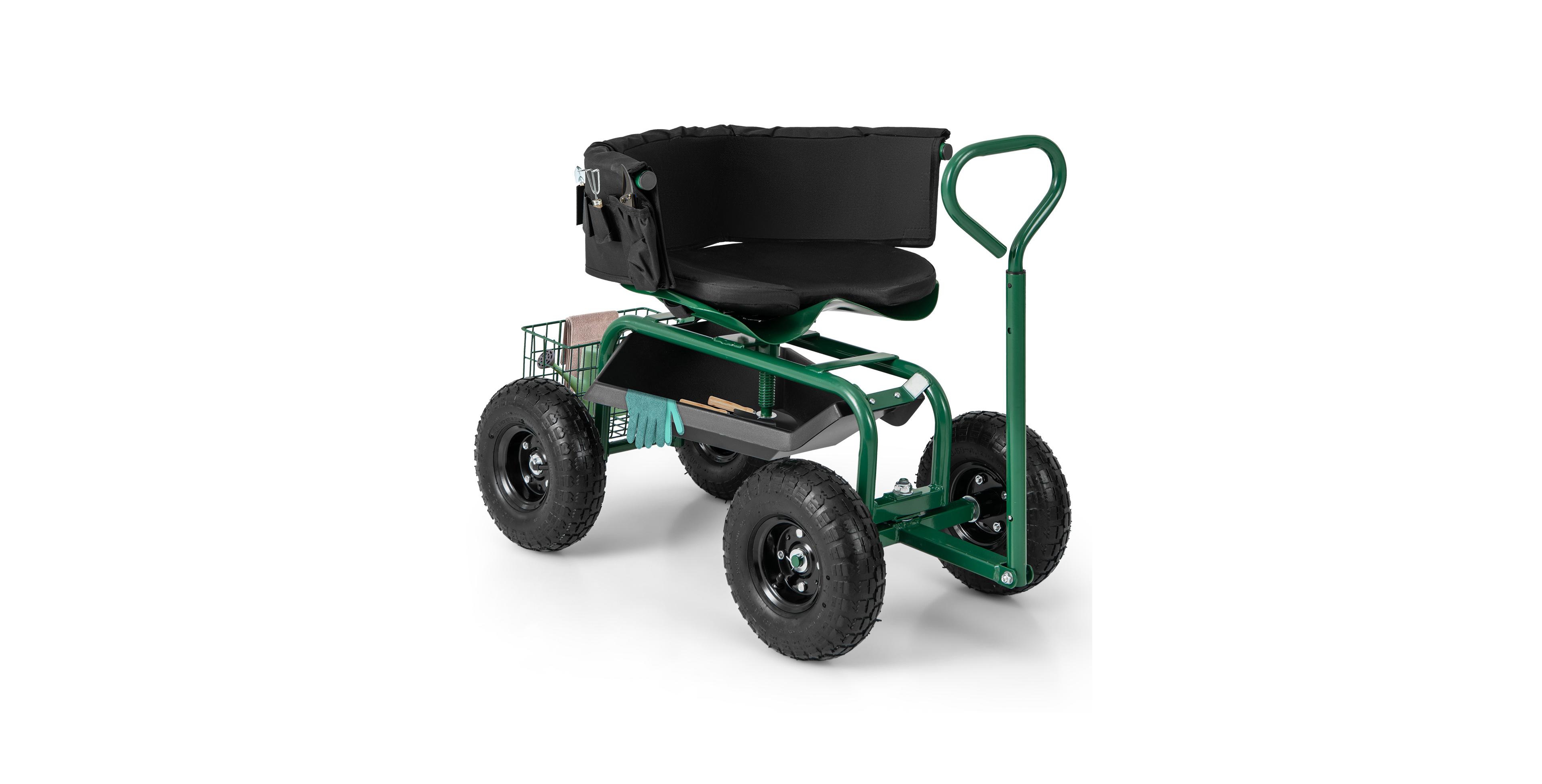 Sugift Cushioned Rolling Garden Cart Scooter with Storage Basket and Tool Pouch