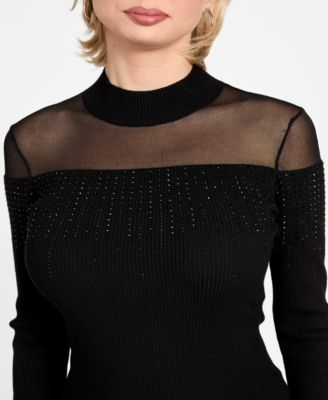 Women's Embellish Sheer Panel Mock Neck Sweater