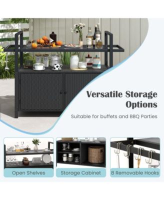 Outdoor Bar Cart Wicker Buffet Serving Cart with Cabinet and 8 Hooks.
