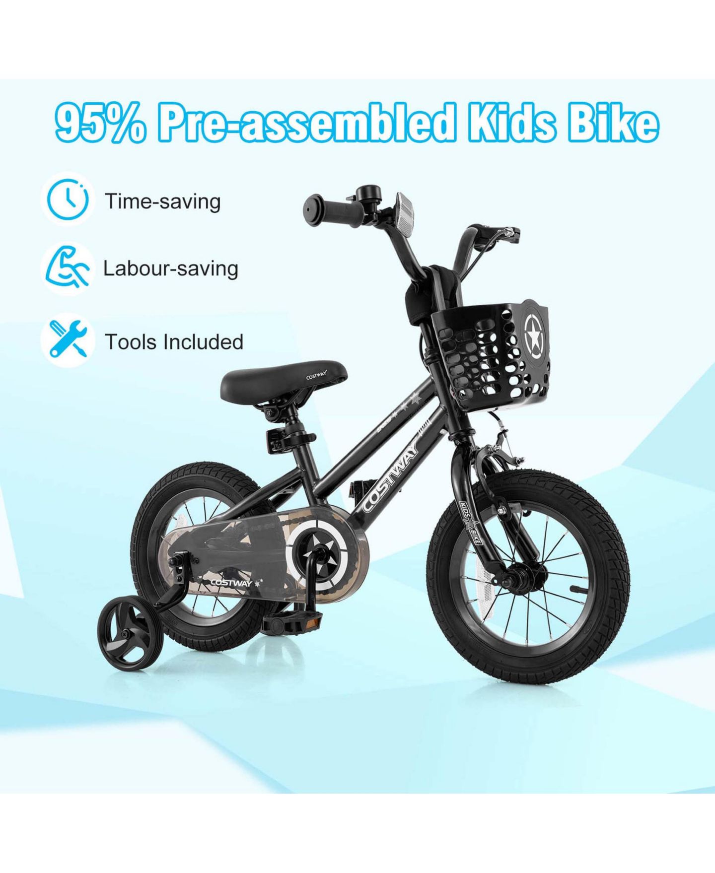 Детская игрушка Costway 12" Kids' Bike with Training Wheels, Adjustable Handlebar & Seat, 145 lbs. Capacity, Ages 3-4, цвет: Чёрный — фото 7