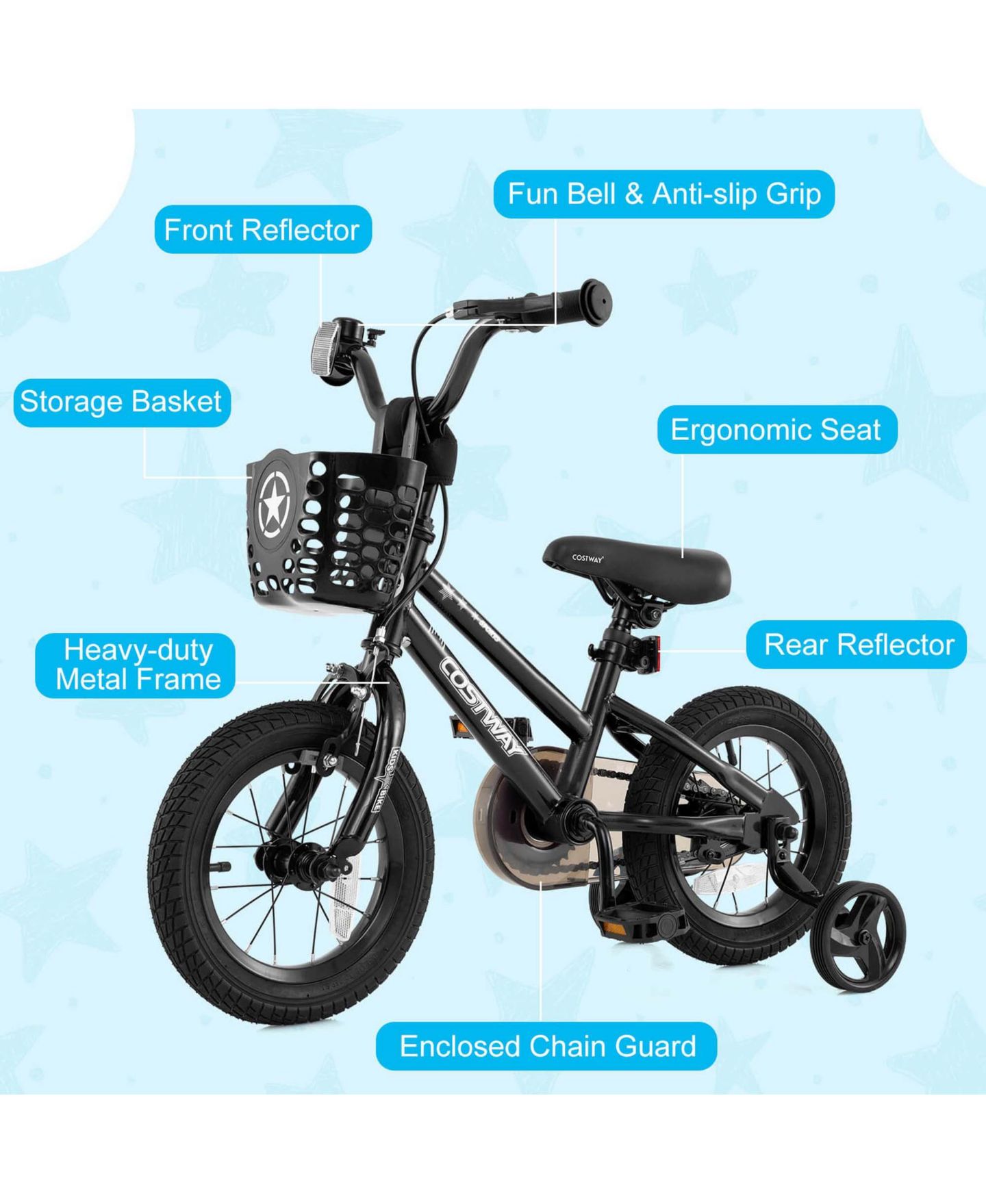 Детская игрушка Costway 12" Kids' Bike with Training Wheels, Adjustable Handlebar & Seat, 145 lbs. Capacity, Ages 3-4, цвет: Чёрный — фото 6