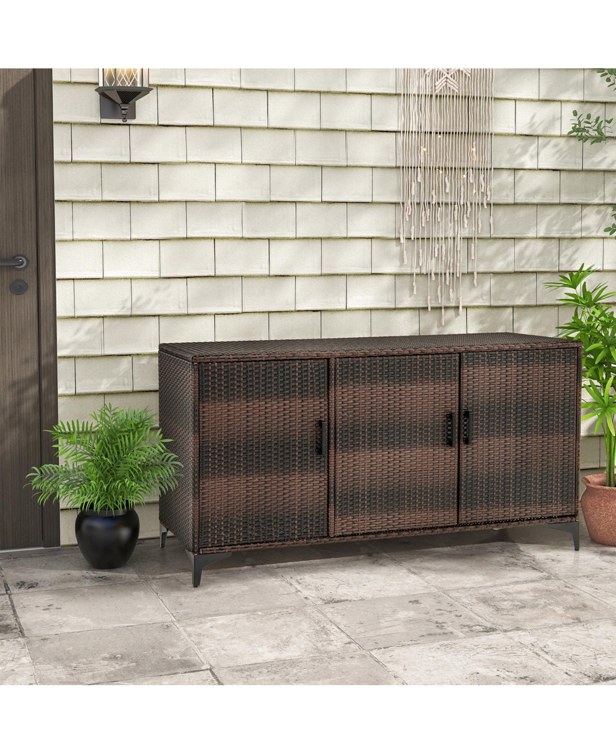 Sugfit 84 Gallon Patio Wicker Deck Box 3-Door Pe Rattan Storage Container with Removable Shelves-Brown