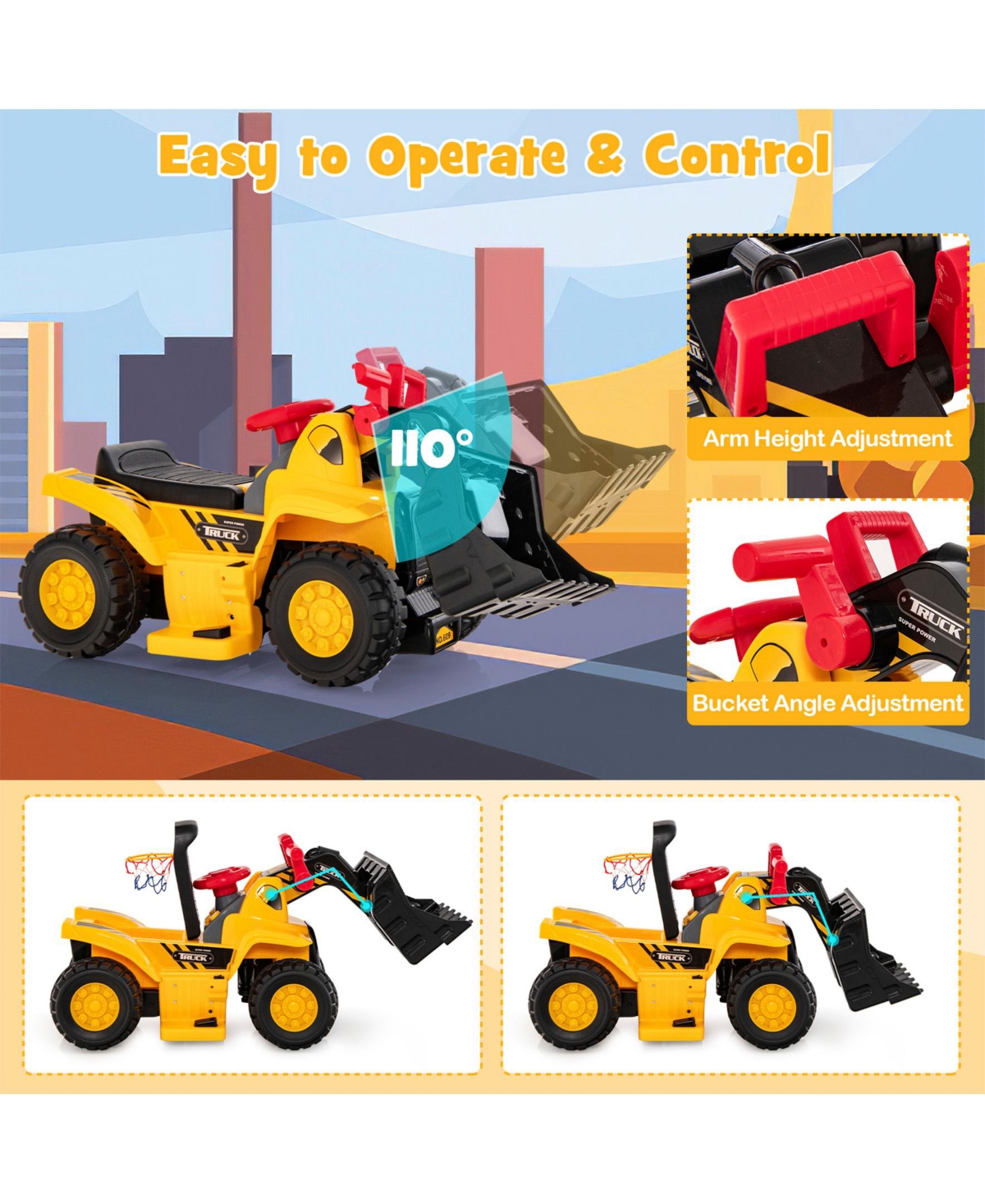 Sugift 6V Kids Ride On Bulldozer with Folding Basketball Hoop and Balls