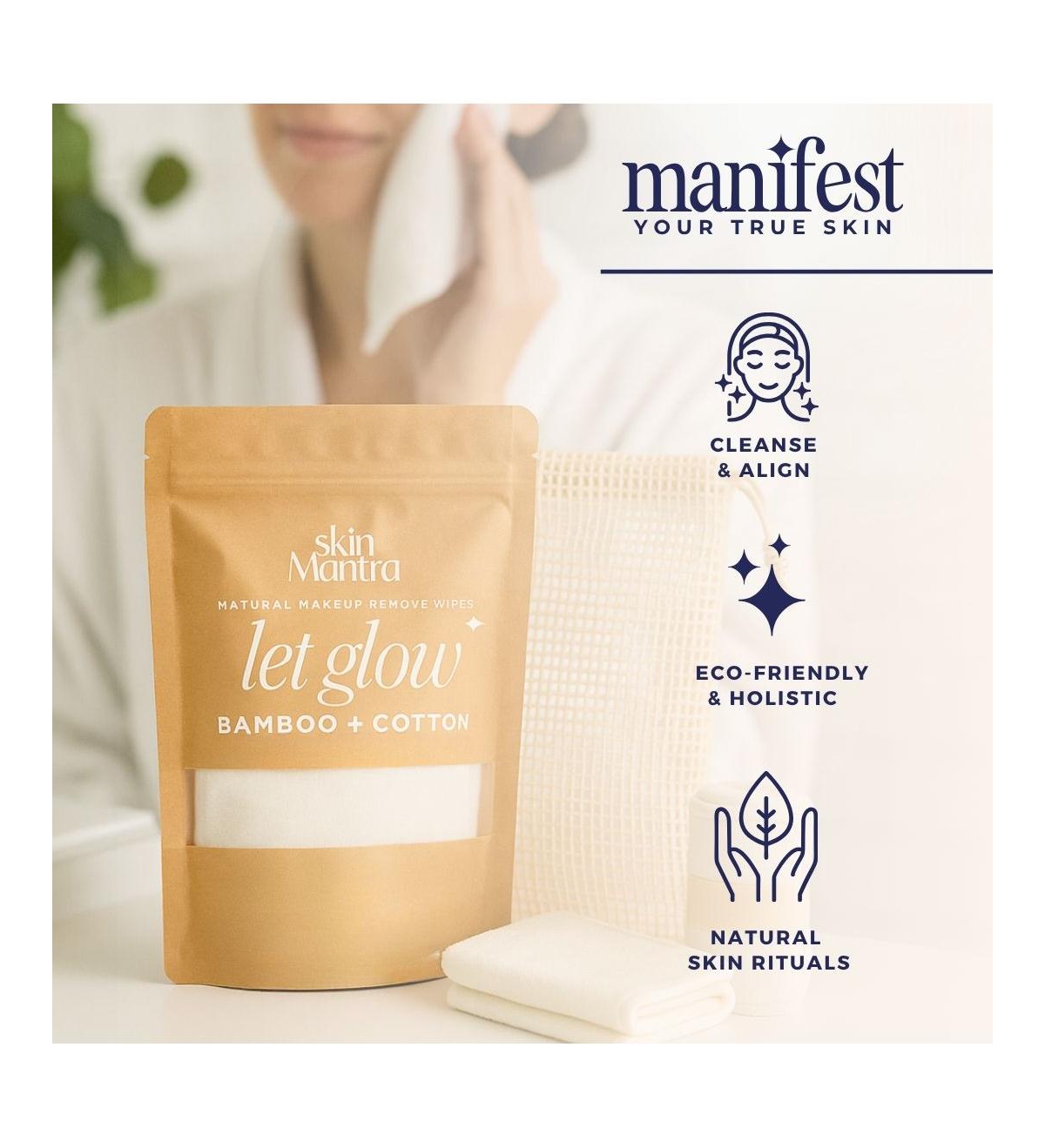 Skin Mantra Let Glow Bamboo + Cotton Facial Cleansing Cloths, 2-Pack with Mesh Wash Bag