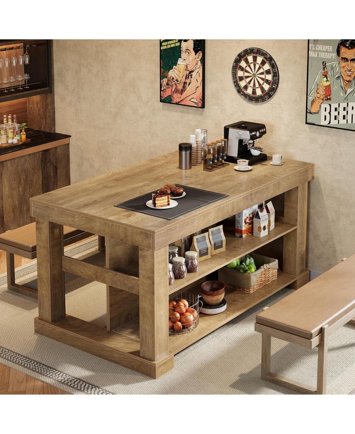 Tribesigns Kitchen Island with 3 Shelves, 55 Inches Width Kitchen Shelf with Large Worktop