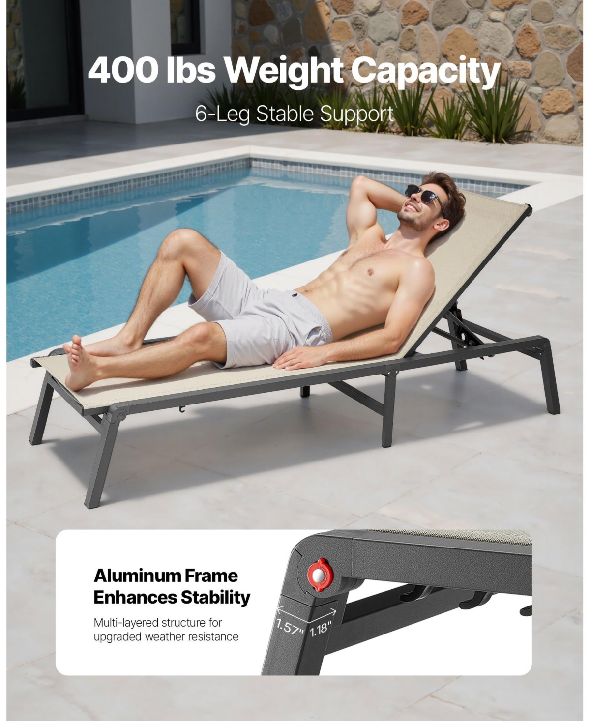 Slickblue 5-Position Adjustable Sun Tanning Chair, Foldable Outdoor Lounge Chair