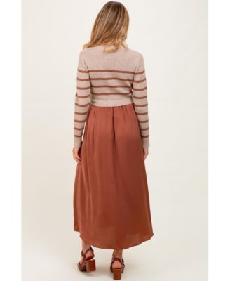 Maternity Brown Striped Contrast Sweater Top Maxi Dress