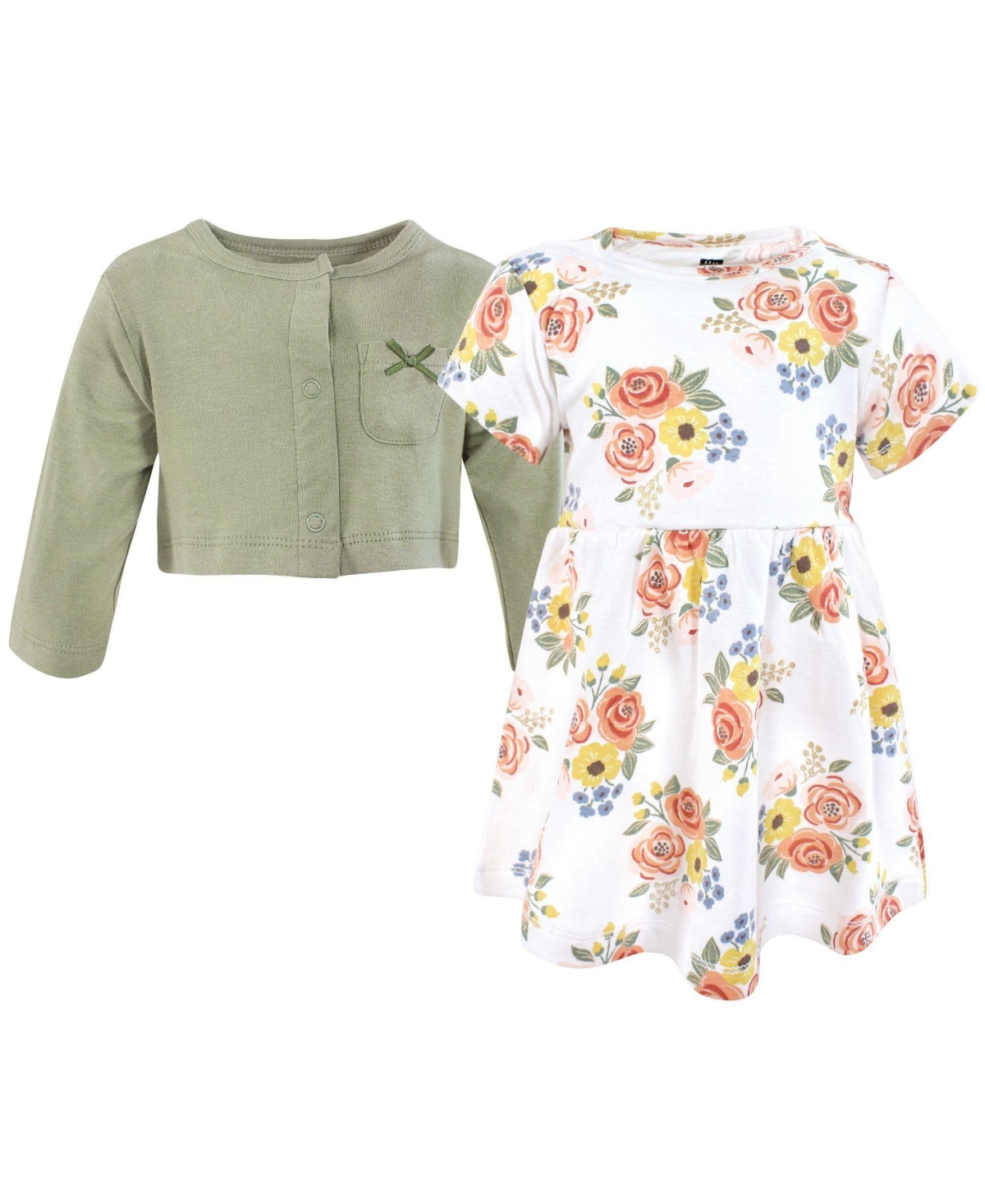 Hudson Baby Toddler Girls Cotton Dress and Cardigan Set, Golden Bouquet