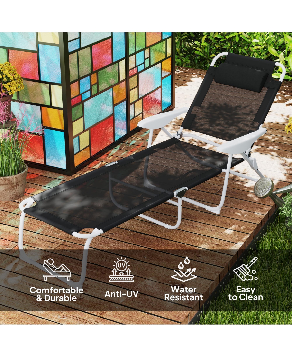 Outsunny Folding Chaise Lounge, Outdoor Sun Tanning Chair, Four-Position Reclining Back, Armrests, Iron Frame & Mesh Fabric for Beach, Yard, Patio, Bl