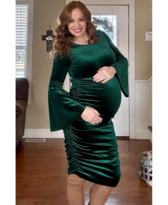 Maternity Forest Green Velvet Ruched Bell Sleeve Dress