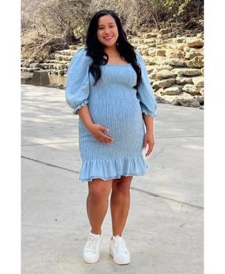 Maternity Light Blue Square Neck Smocked Denim Dress