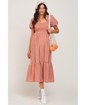 Maternity Rust Gingham Smocked Midi Dress