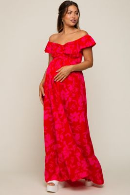 Maternity Red Floral Smocked Cinched Top Maxi Dress