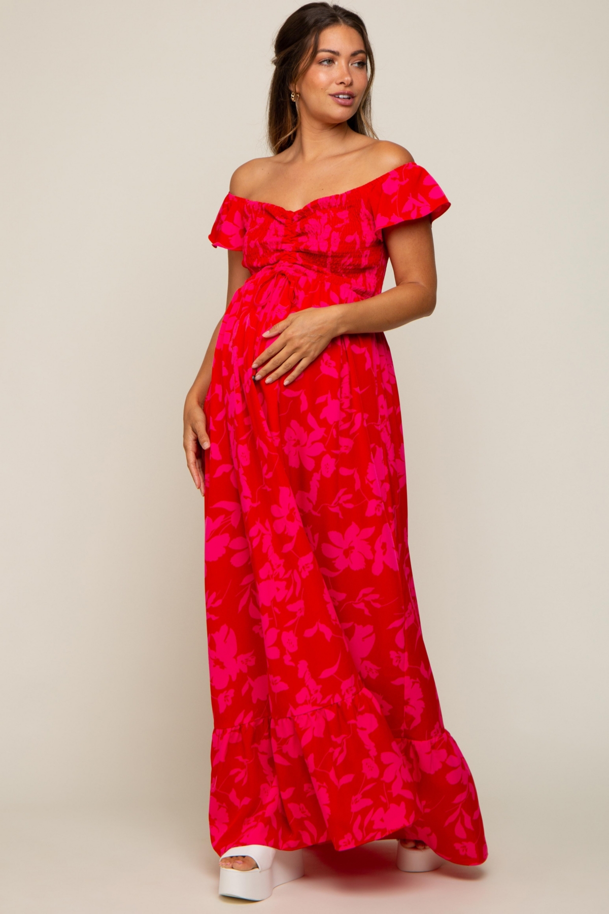 Pinkblush Maternity Red Floral Smocked Cinched Top Maxi Dress