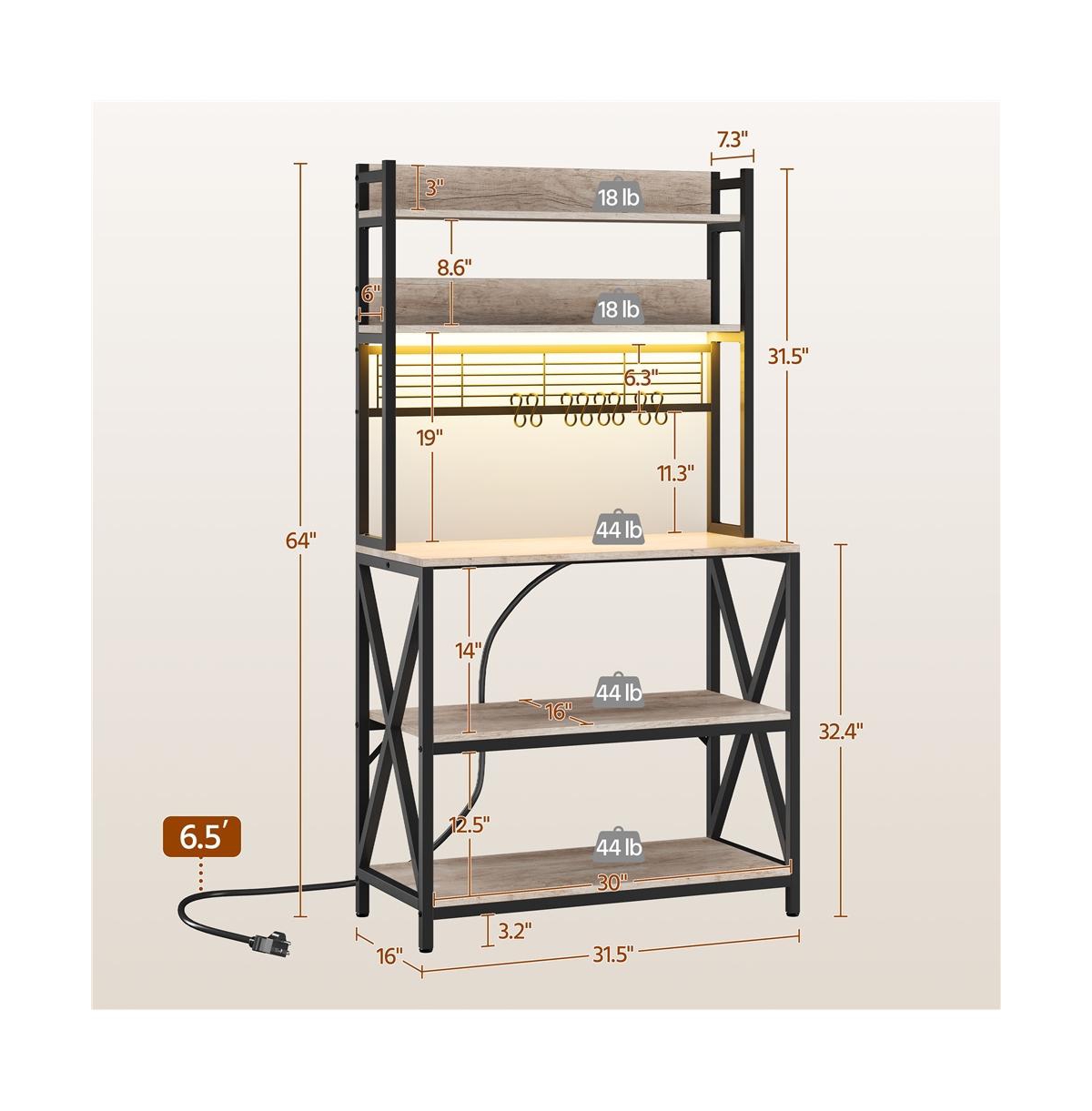Yaheetech 5-Tier Engineered Wood and Metal Baker s Rack with Power Outlets