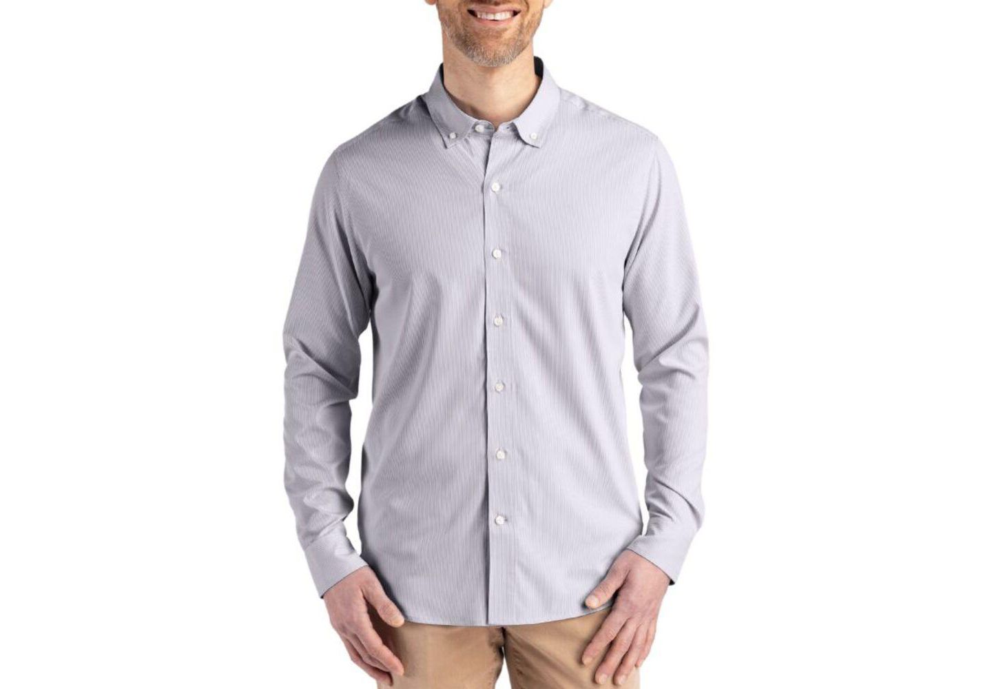 Мужская рубашка Cutter & Buck Pinstripe Long Sleeve Dress Shirt, цвет: Серый / Белый — фото 1