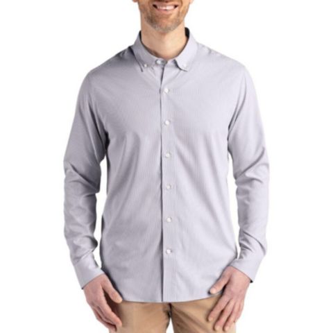 Мужская рубашка Cutter & Buck Pinstripe Long Sleeve Dress Shirt, цвет: Серый / Белый