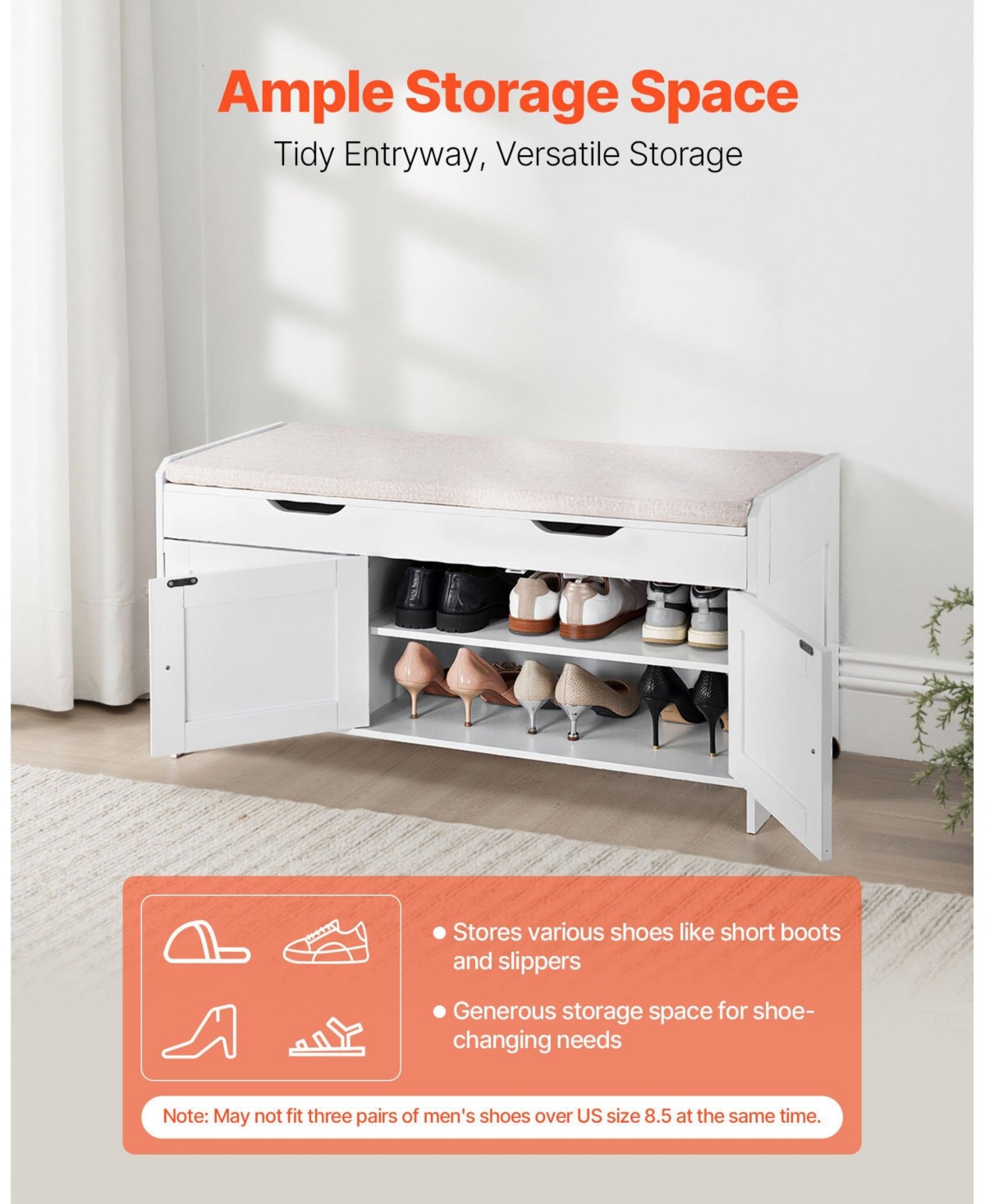 Slickblue Shoe Bench with Cushion Seat and 3 Compartments – Entryway Furniture