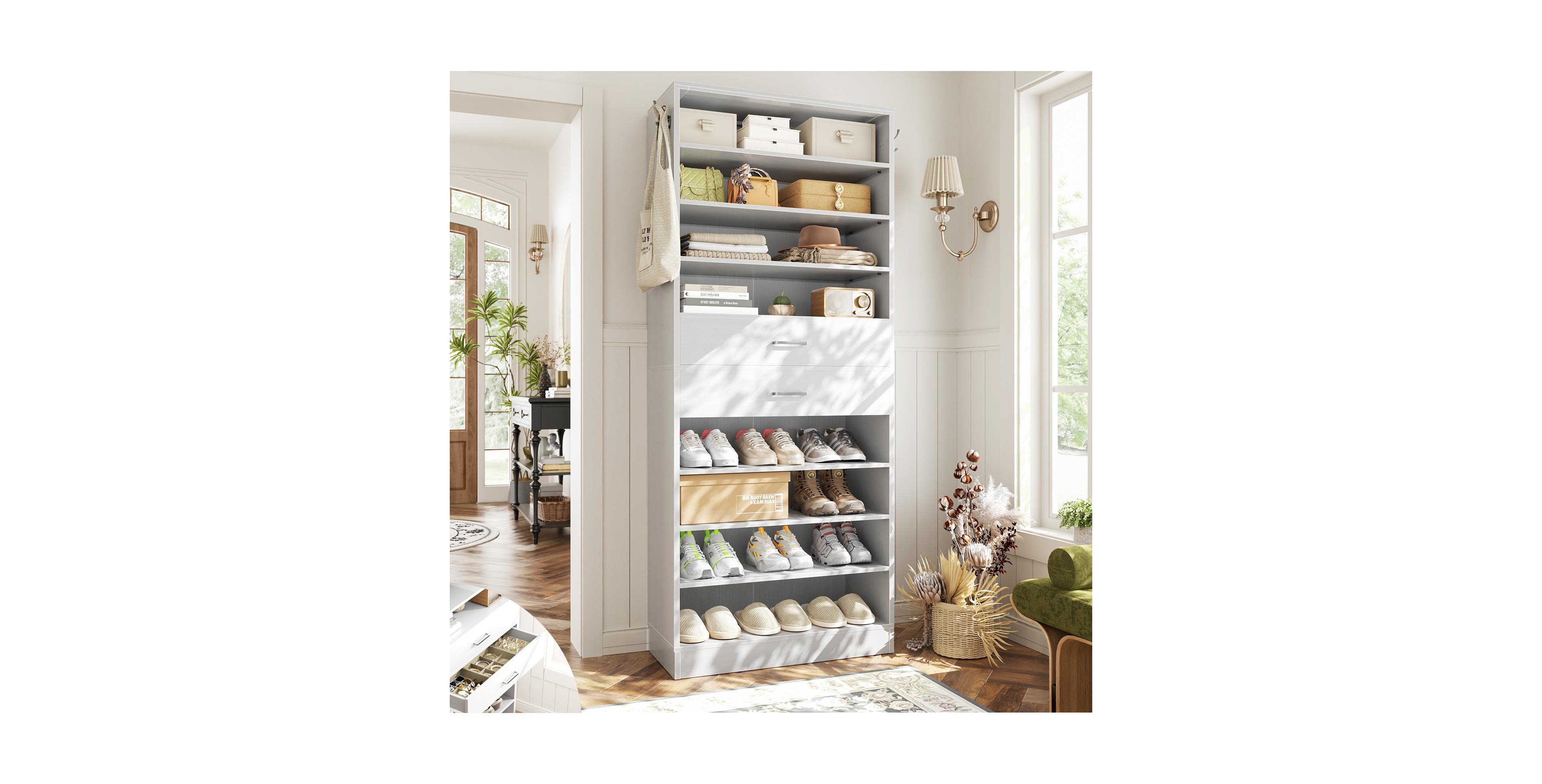 8-Tier Shoe Rack with 2 Drawers, 80'' High Wooden Shoe Cabinet with Adjustable Shelves