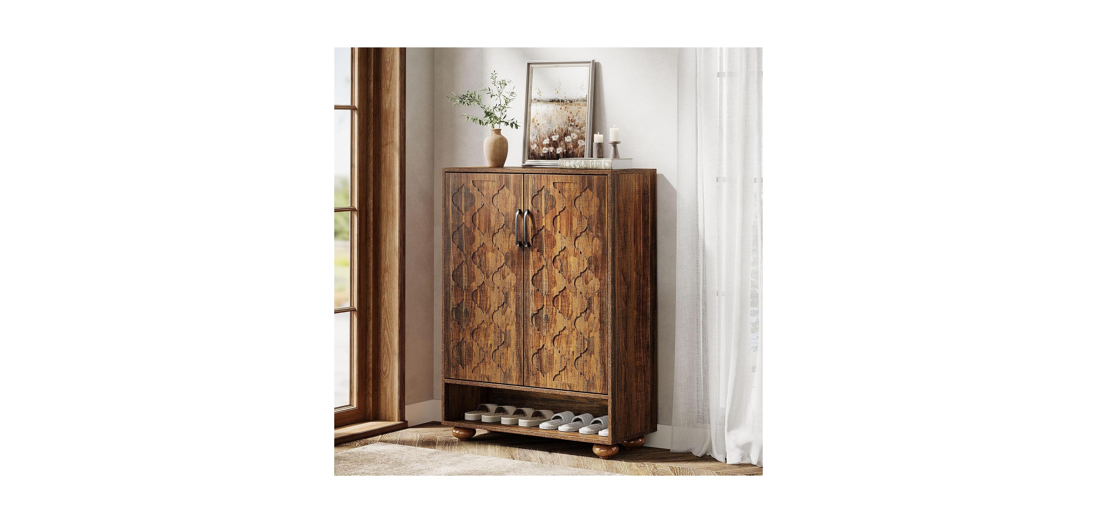Tribesigns Shoe Cabinet with Doors, 6-Tier Shoe Rack with Adjustable Shelves and Solid Wood Feet