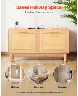 Wood Shoe Bench with Flip Drawer and Rattan-Like Detailing