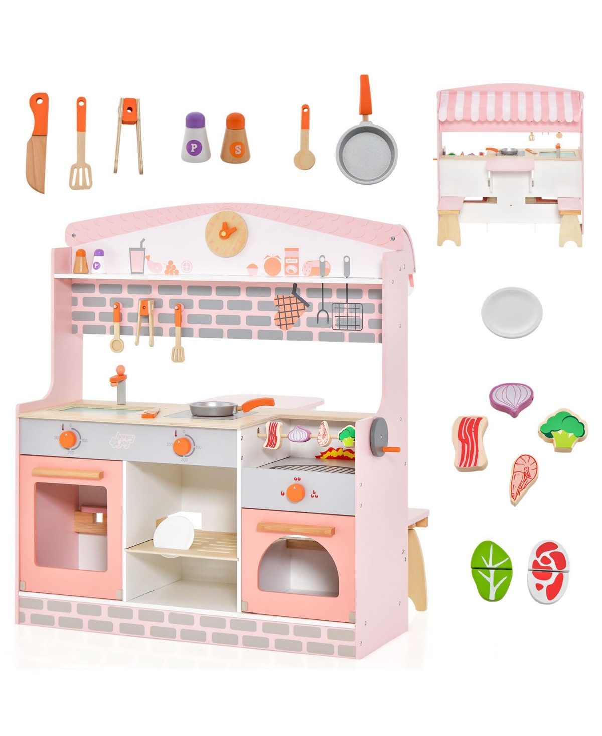 Skonyon Double-Sided Kids Play Kitchen Set with Canopy and 2 Seats