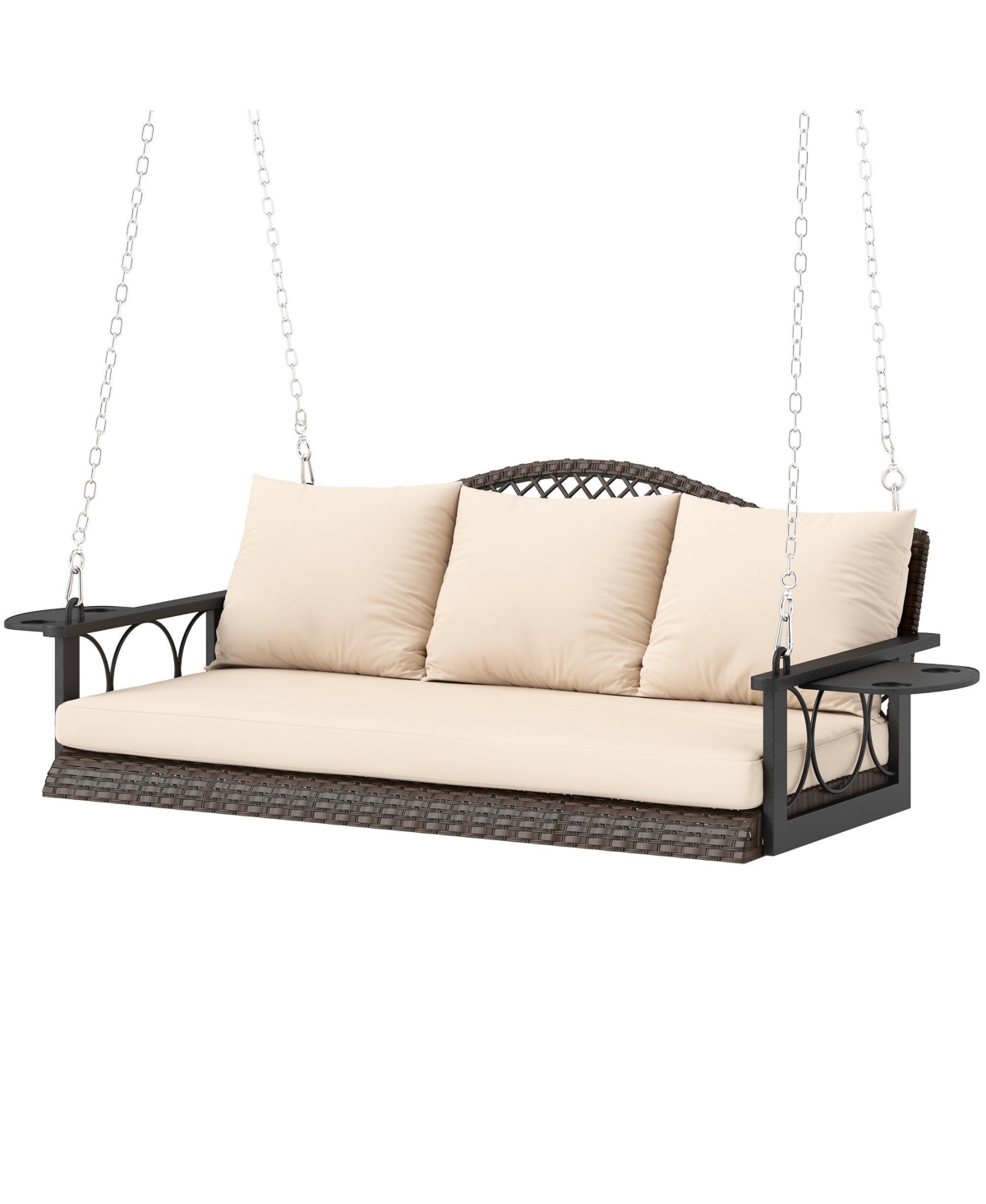 Outsunny Wicker Porch Swing, Hanging Swing Bench with Cup Holder, Natural