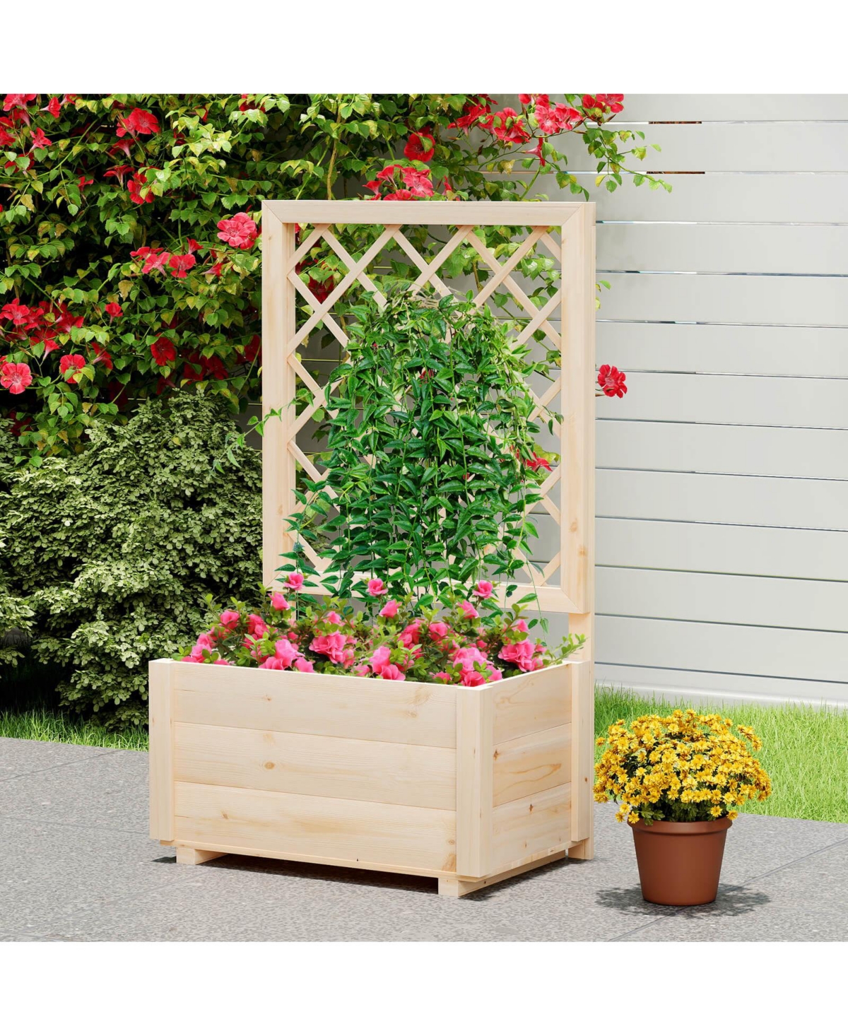 Costway 1 Pcs 40" Tall Wooden Raised Garden Bed with Lattice Trellis for Climbing Vine