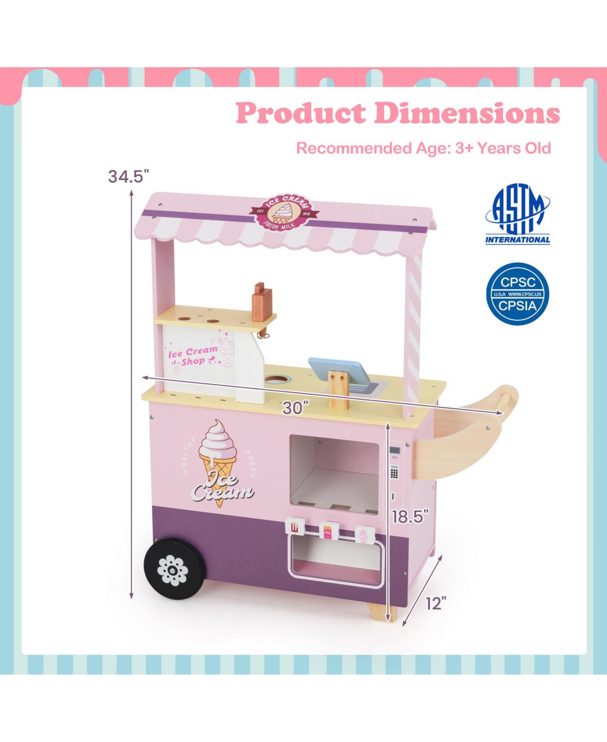 Skonyon Wooden Ice Cream Cart Playset with Vending Machine & Accessories