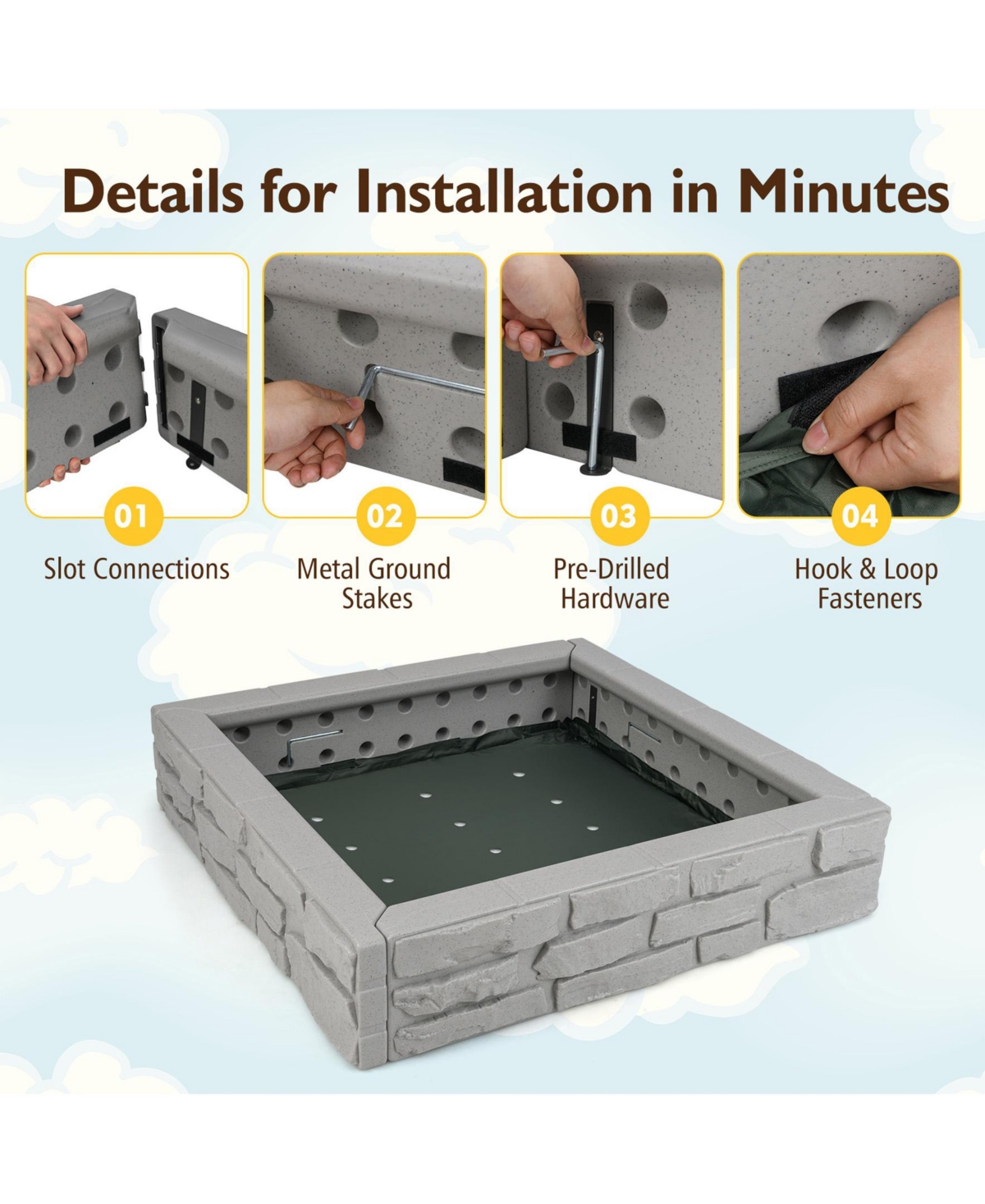 2-In-1 Hdpe Kids Sandbox with Cover and Bottom Liner-Gray