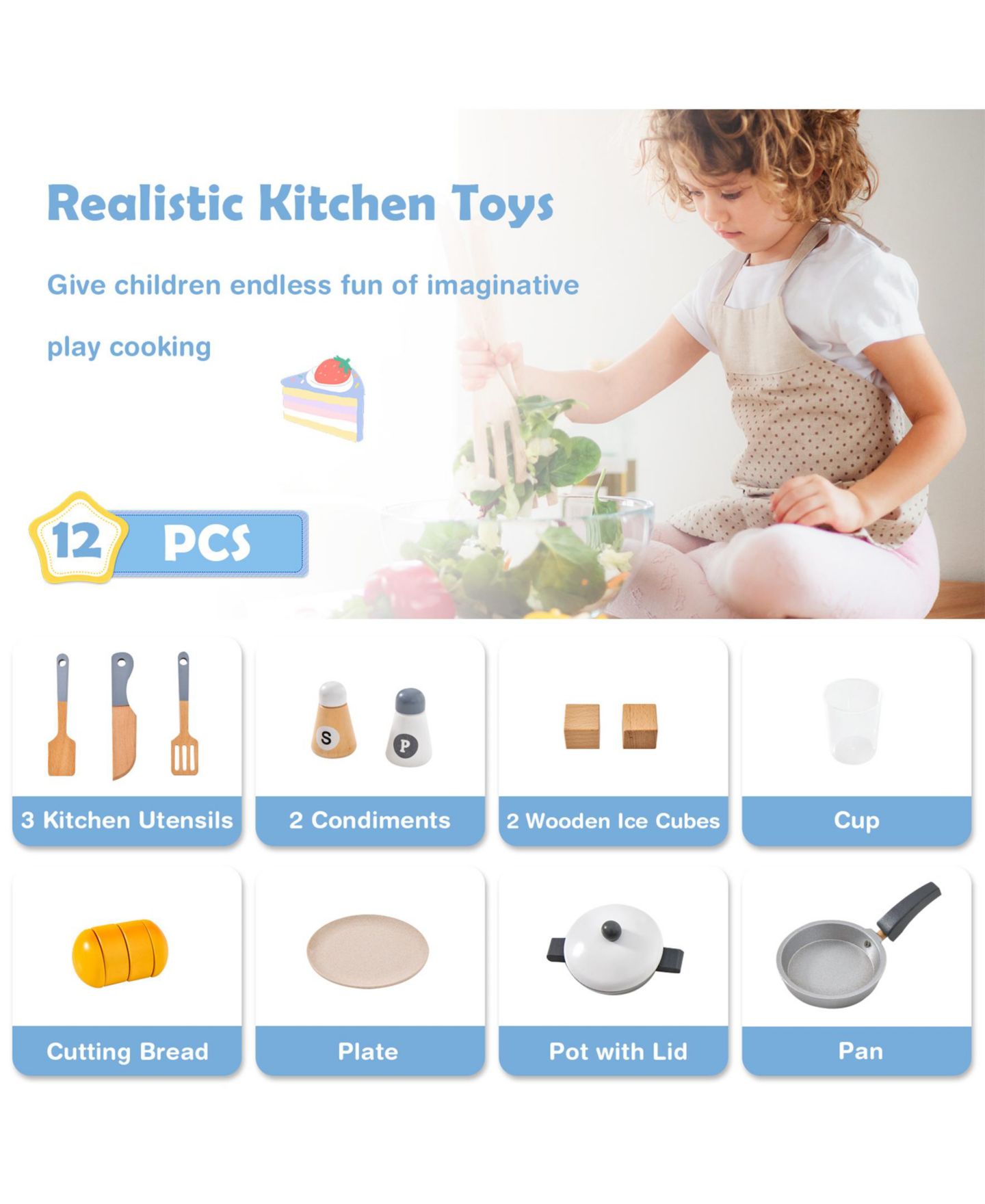 Детские игрушки SUGIFT 2-in-1 Wooden Play Kitchen and Refrigerator with Light and Sound Effects, 14-Piece Accessory Set, Ages 3+, цвет: Серый — фото 7