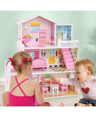 Kids Wooden Dollhouse Playset with 5 Simulated Rooms and 10 Pieces of Furniture