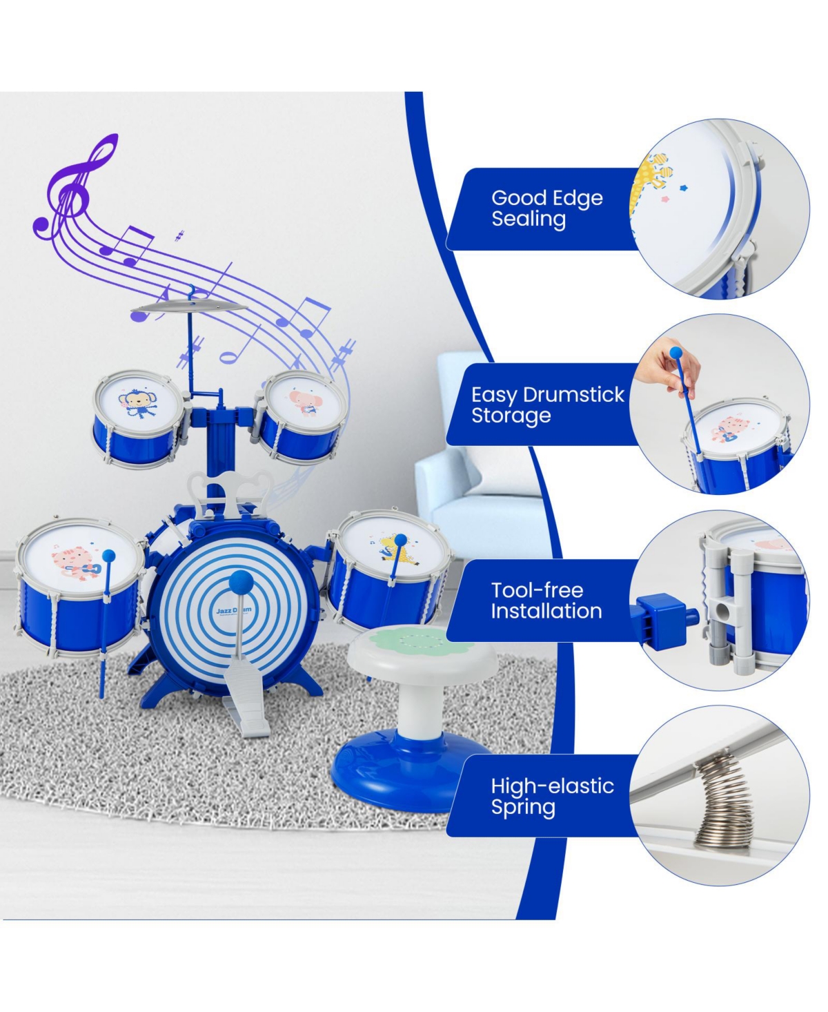 Mecale Kids Drum Set Educational Percussion Musical Instrument Toy with Bass Drum