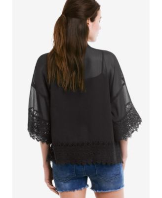 Plus Size Sheer Lace Trim Kimono Cardigan