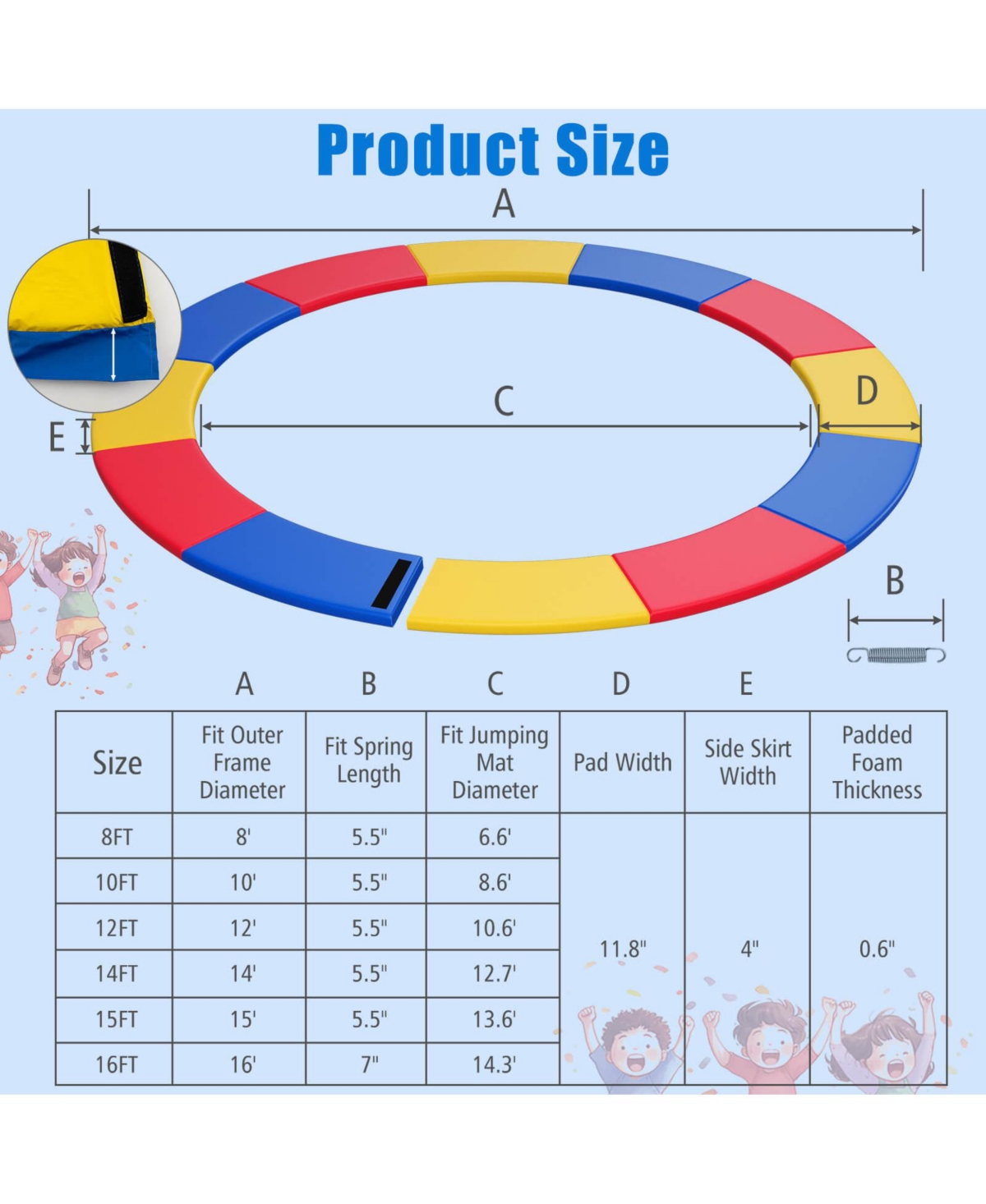 Costway 8FT Trampoline Spring Cover with Split Design Waterproof Surface Epe Foam Padding