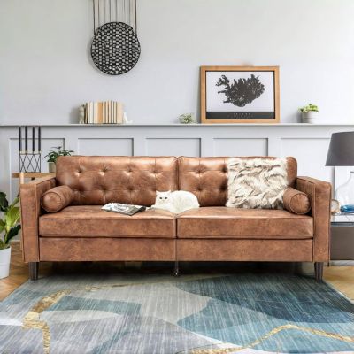 Faux Leather Sofa, 84.2-Inch Mid Century Modern 3-Seater Couch with 2 Bolster Pillows