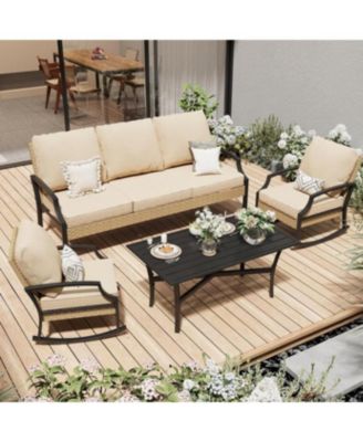 Outdoor Patio Furniture Set with Rocking Chair, 4 Piece Rattan Conversation Bistro Set with Coffee Table