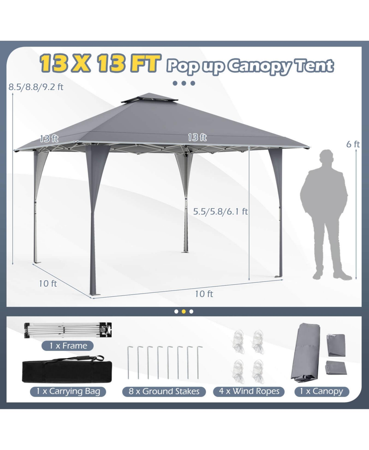 13 X Ft Pop up Gazebo Outdoor Canopy Tent with Portable Carrying Bag 8 Stakes