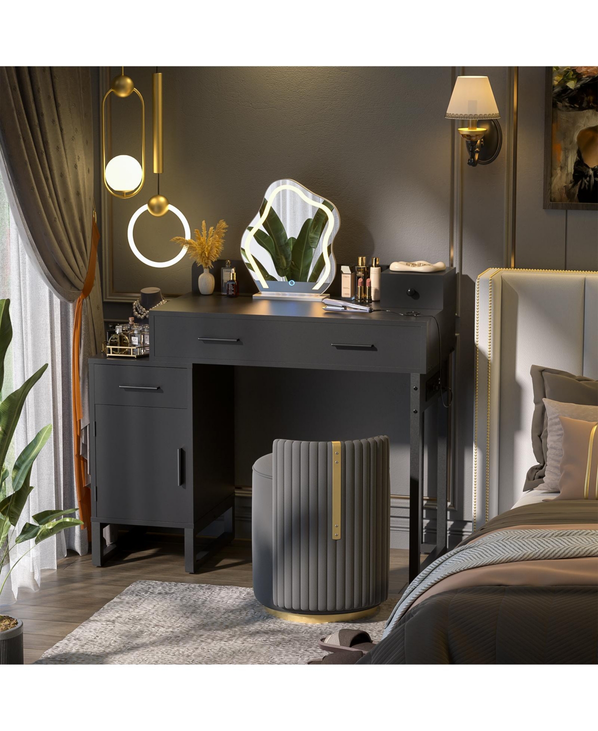 Makeup Vanity Desk with 4 Drawers and Cabinet, Dressing Table Outlets for Small Space