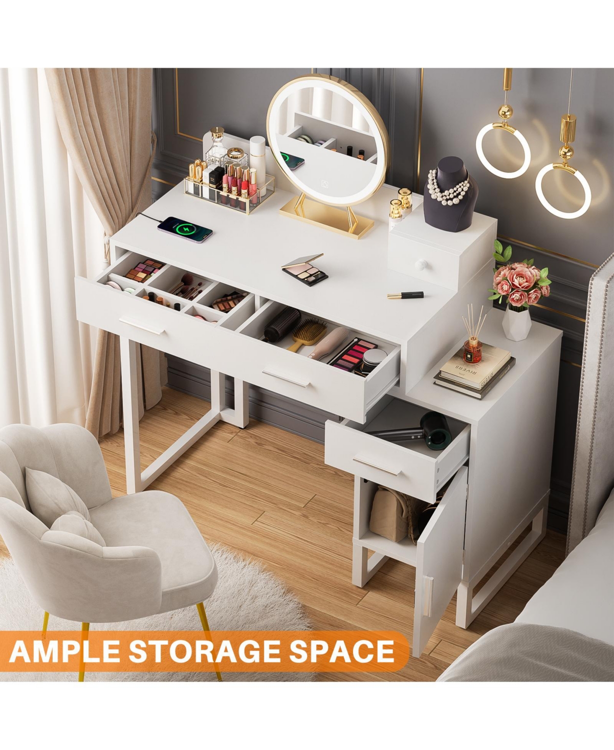 Aheaplus Makeup Vanity Desk with 4 Drawers and Cabinet, Dressing Table with Outlets for Small Space