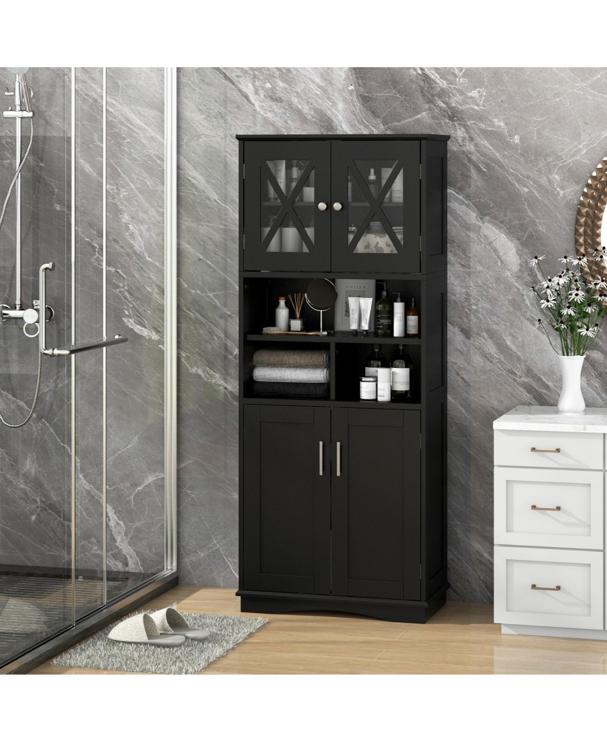 Tall Floor-Standing Bathroom Cabinet with 3 Cubes and Clear Acrylic Doors