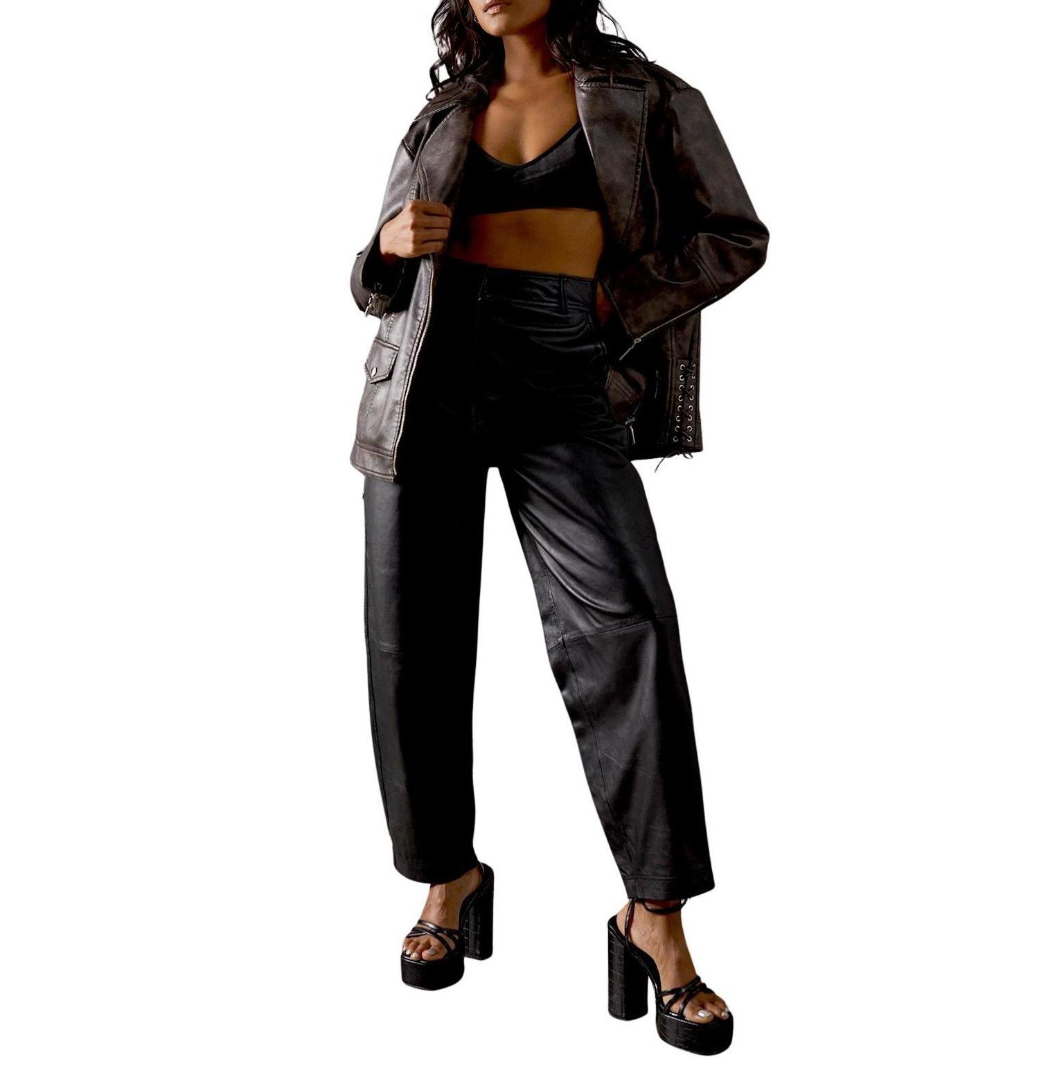 Women's Oversized Whipstitch Leather Look Jacket