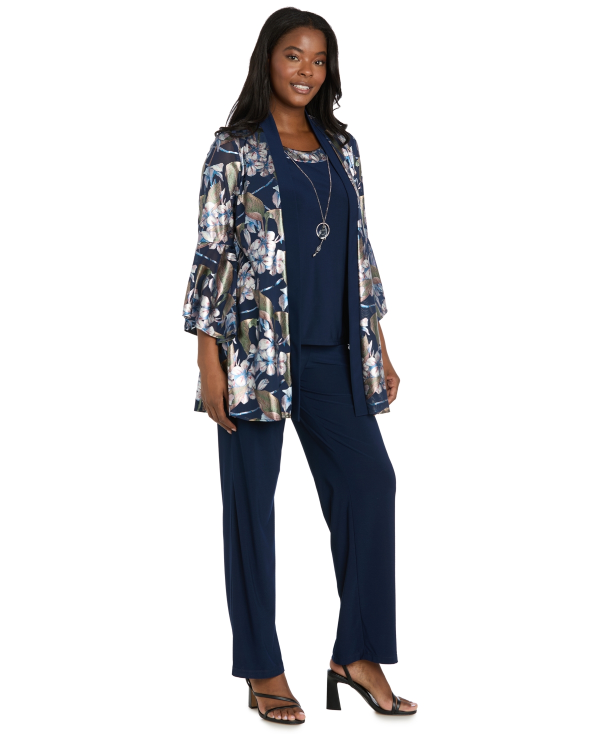 R & M Richards Women's Foil Printed Jacket Pantsuit With Tank And Pull-on Pants In Blue