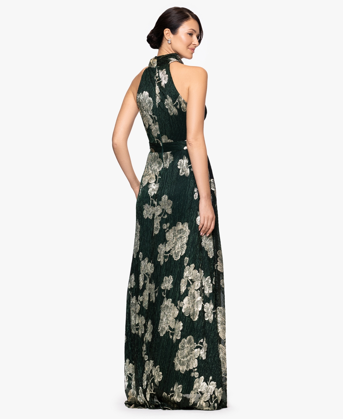 Betsy & Adam Crinkle Metallic Floral Gown In Brown
