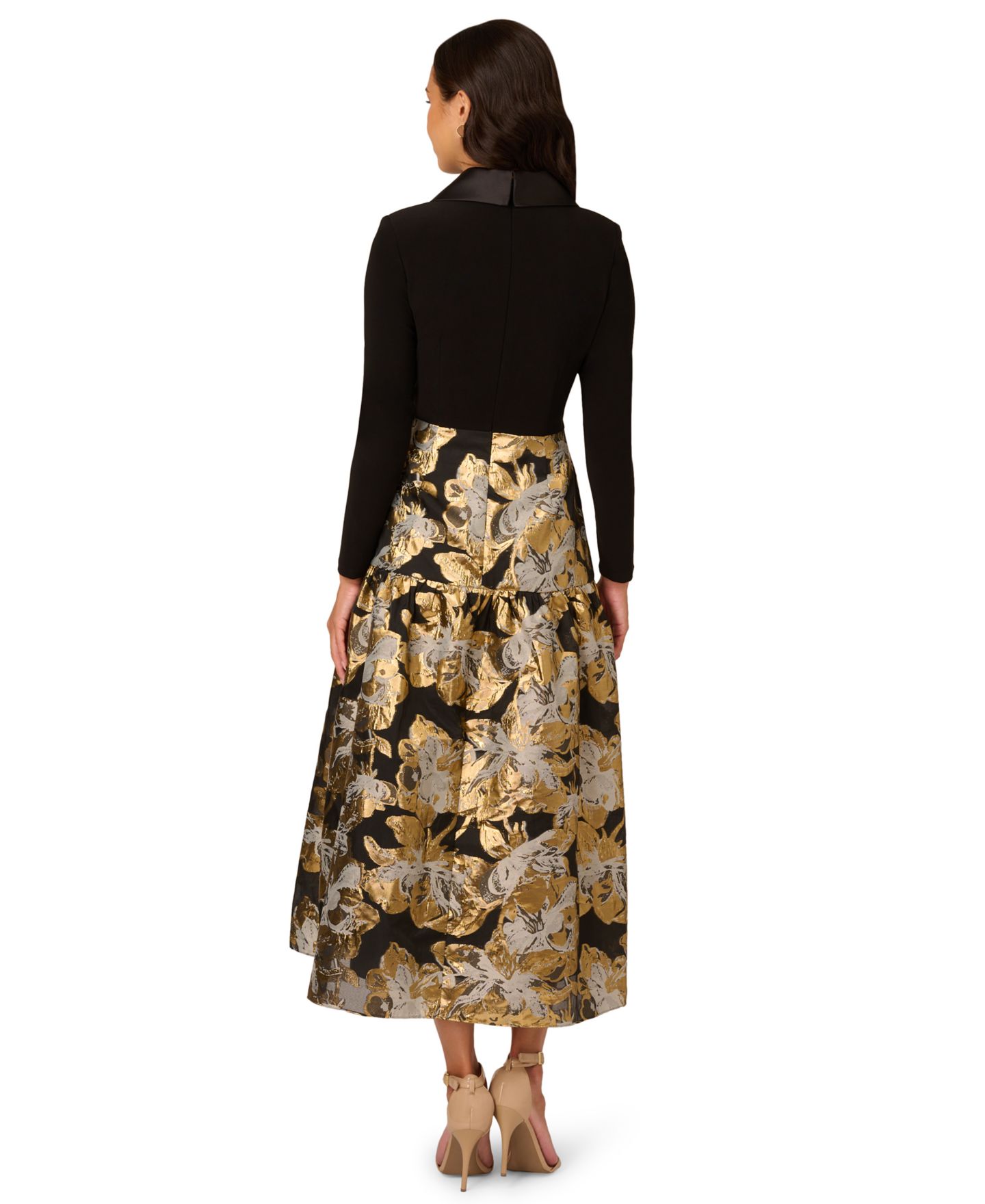 Женское платье Adrianna Papell Petite Combo Floral Long-Sleeve Jacquard, цвет: Чёрный золотой — фото 3