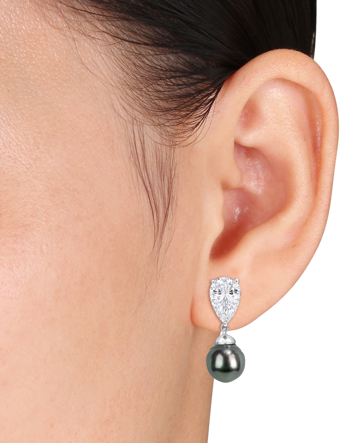 Macy's Cultured Tahitian Pearl (10-10.5mm) and White Sapphire (10-3/4 ct. t.w.) Drop Earrings in Sterling Silver