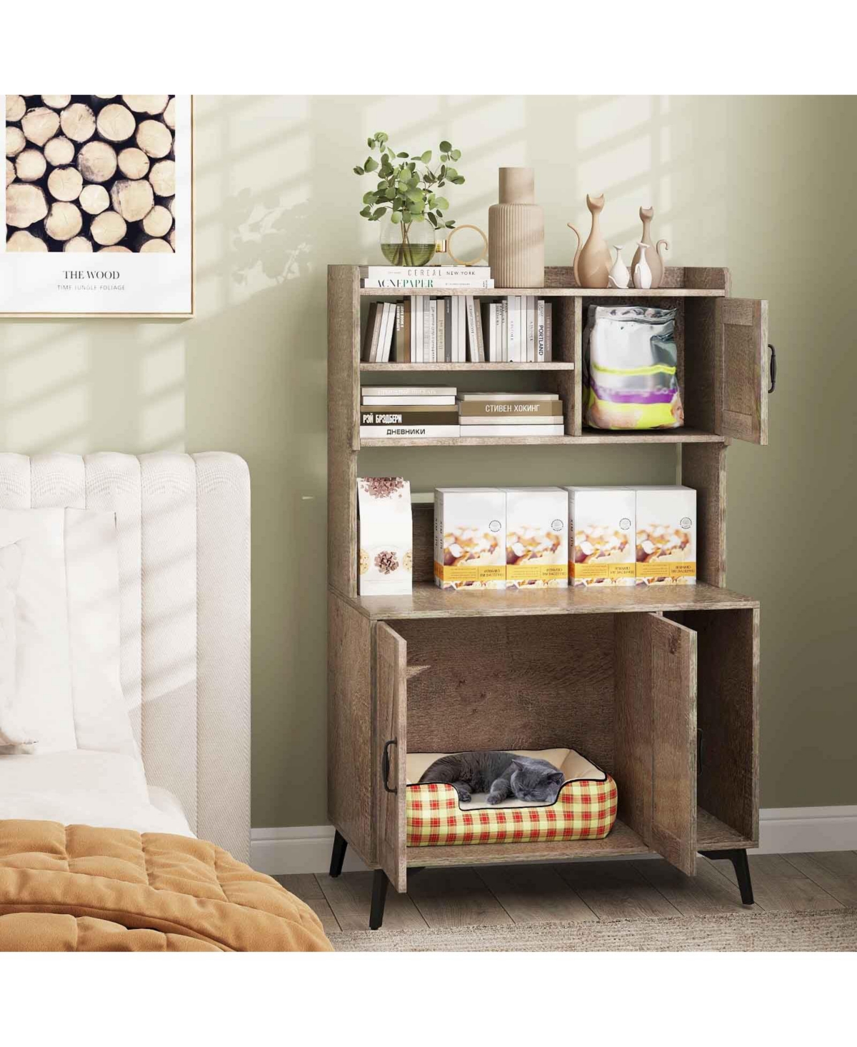 Gymax Large Cat Litter Box Enclosure w/ Display Storage Shelves Hidden Cat Furniture