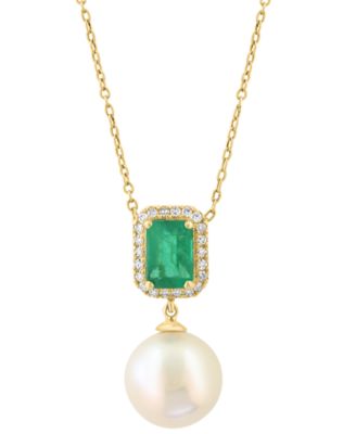 Freshwater Pearl (10mm), Diamond and Emerald Pendant Necklace (1/10 ct. t.w.) in 14k Yellow Gold