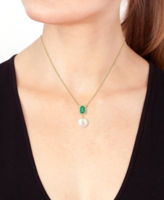 Freshwater Pearl (10mm), Diamond and Emerald Pendant Necklace (1/10 ct. t.w.) in 14k Yellow Gold