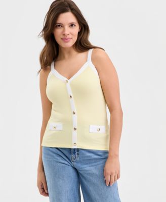Women's Knit Solid Colored-Trim Button-Up Tank Top